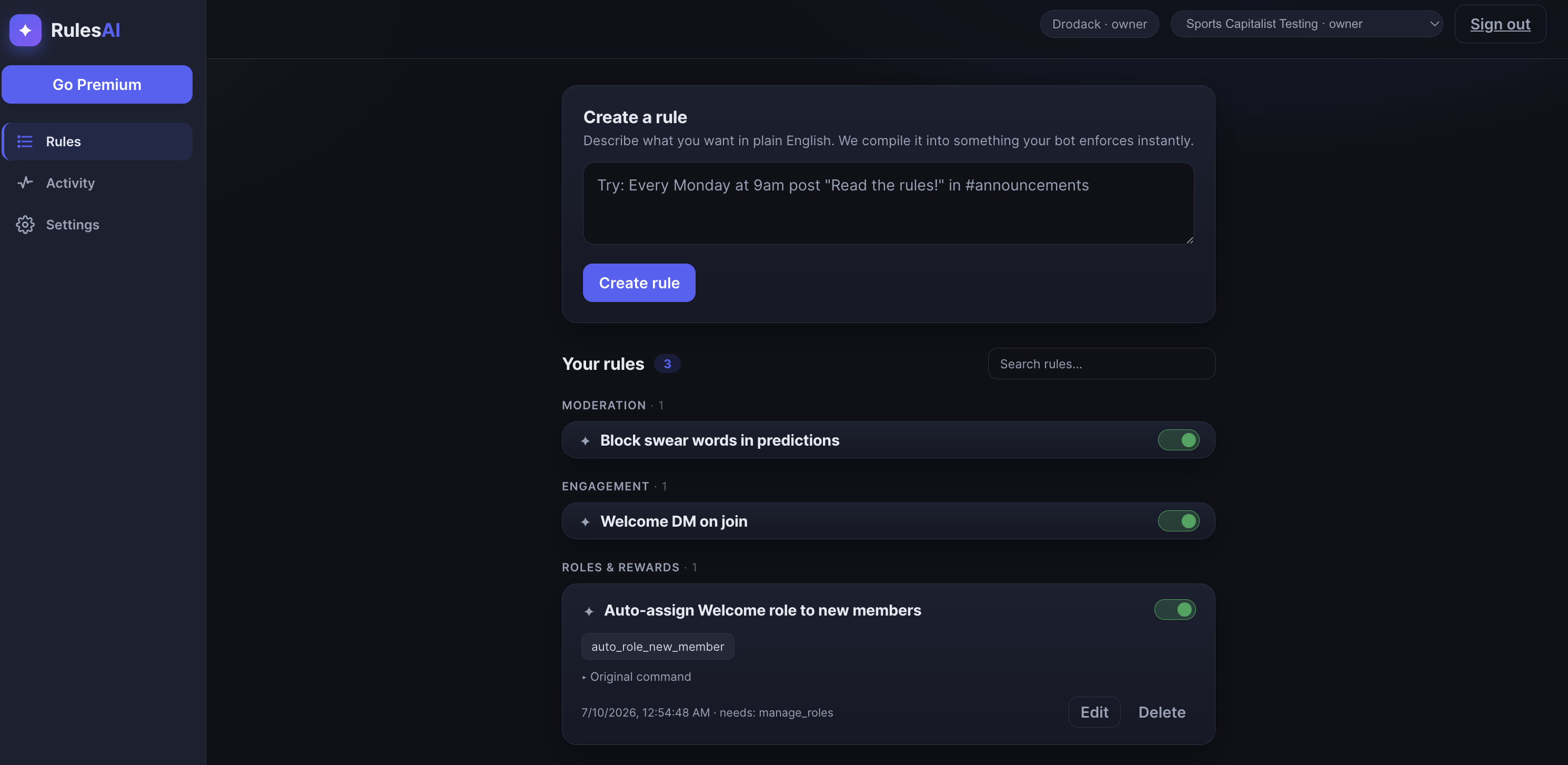 Write a rule in plain English and RulesAI compiles it instantly