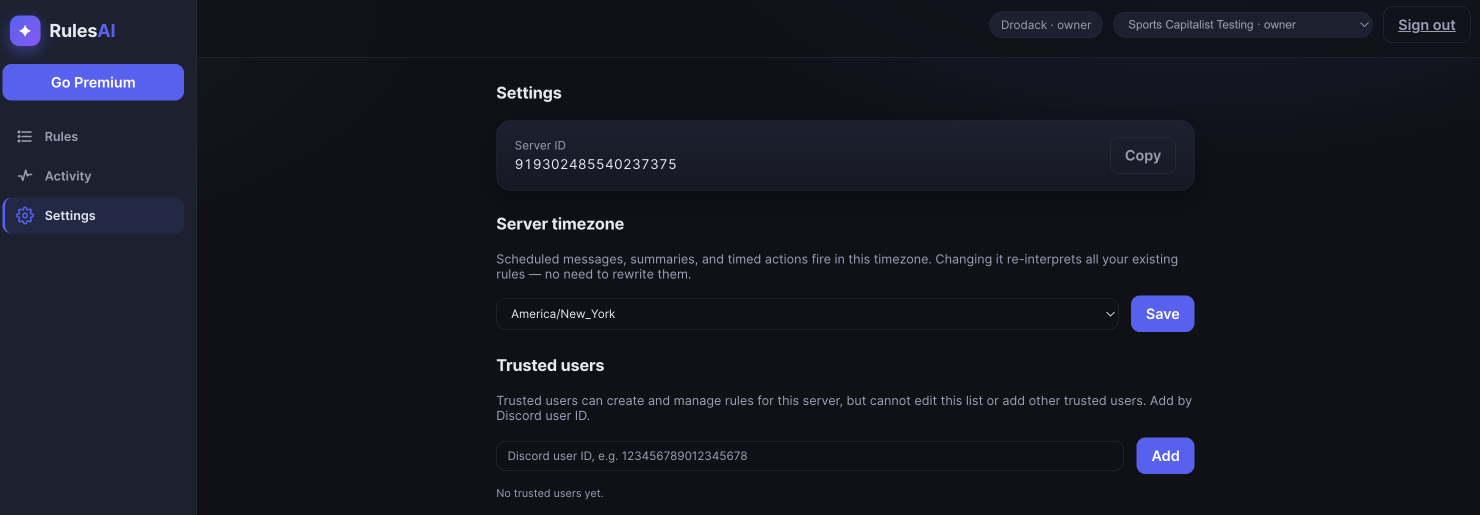 Server settings: timezone and trusted users